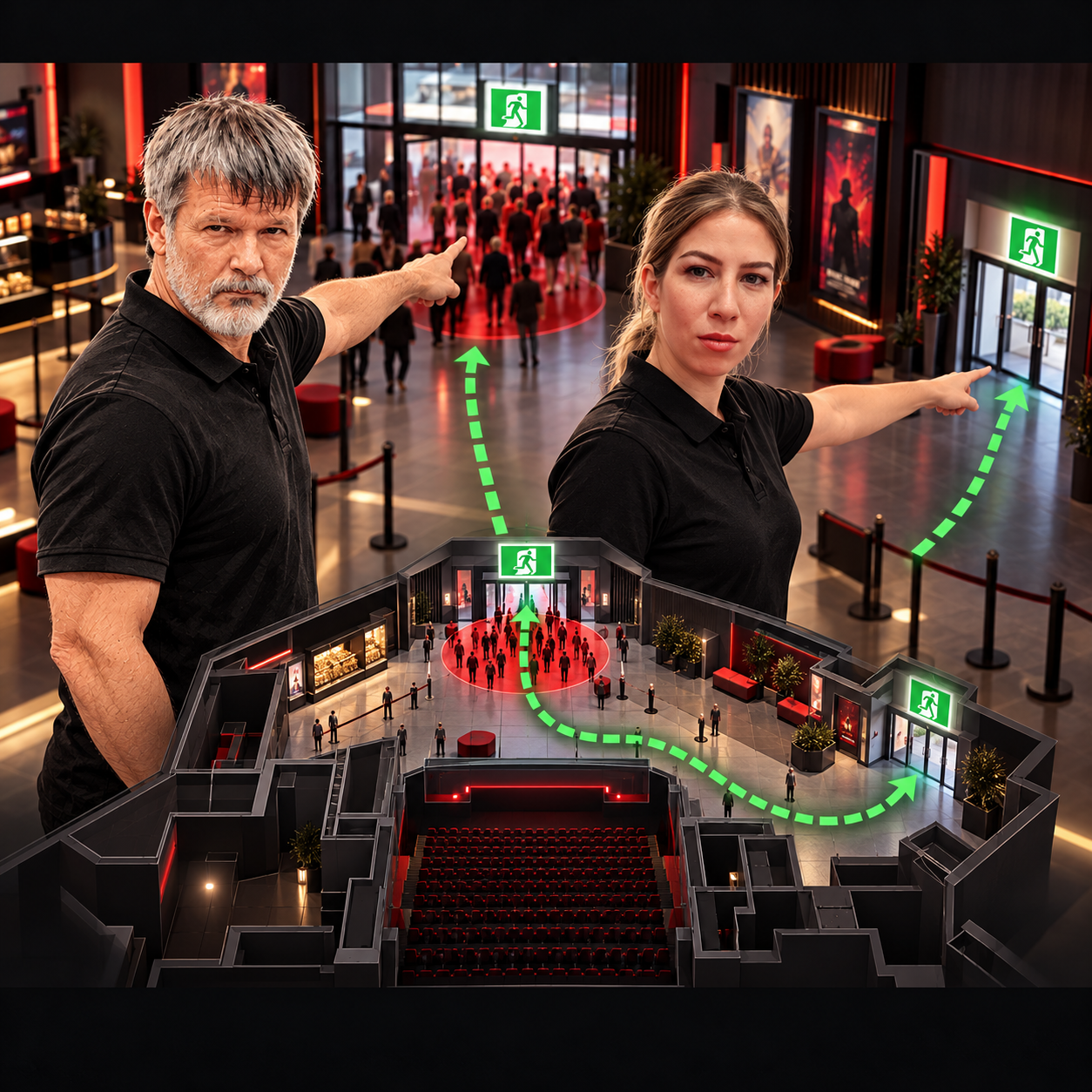 Bülent Çetin ve Burcu karakterleri sinema girişinde ana çıkış ile alternatif acil çıkış rotasını inceliyor