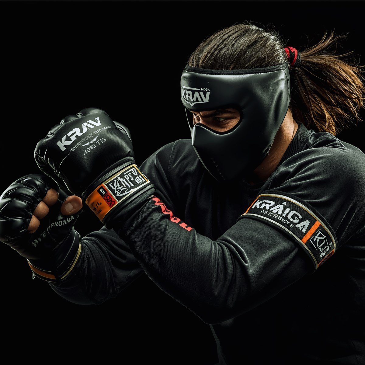 Krav Maga antrenmanında koruyucu başlık ve eldiven takan kadın sporcu.
